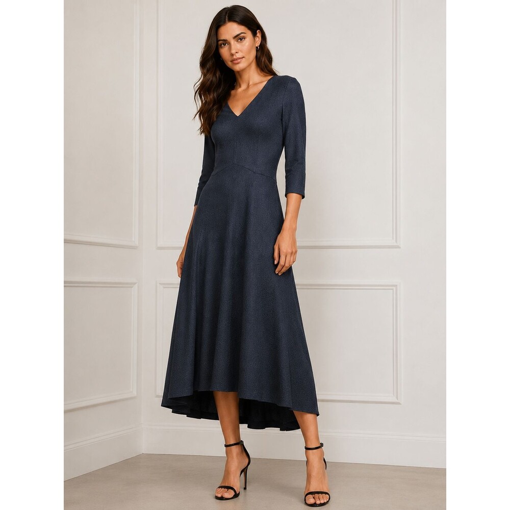 New Vionnet Paris 100% Silk Midi Dress V Neck Textured 3/4 Sleeves IT 40 US 4